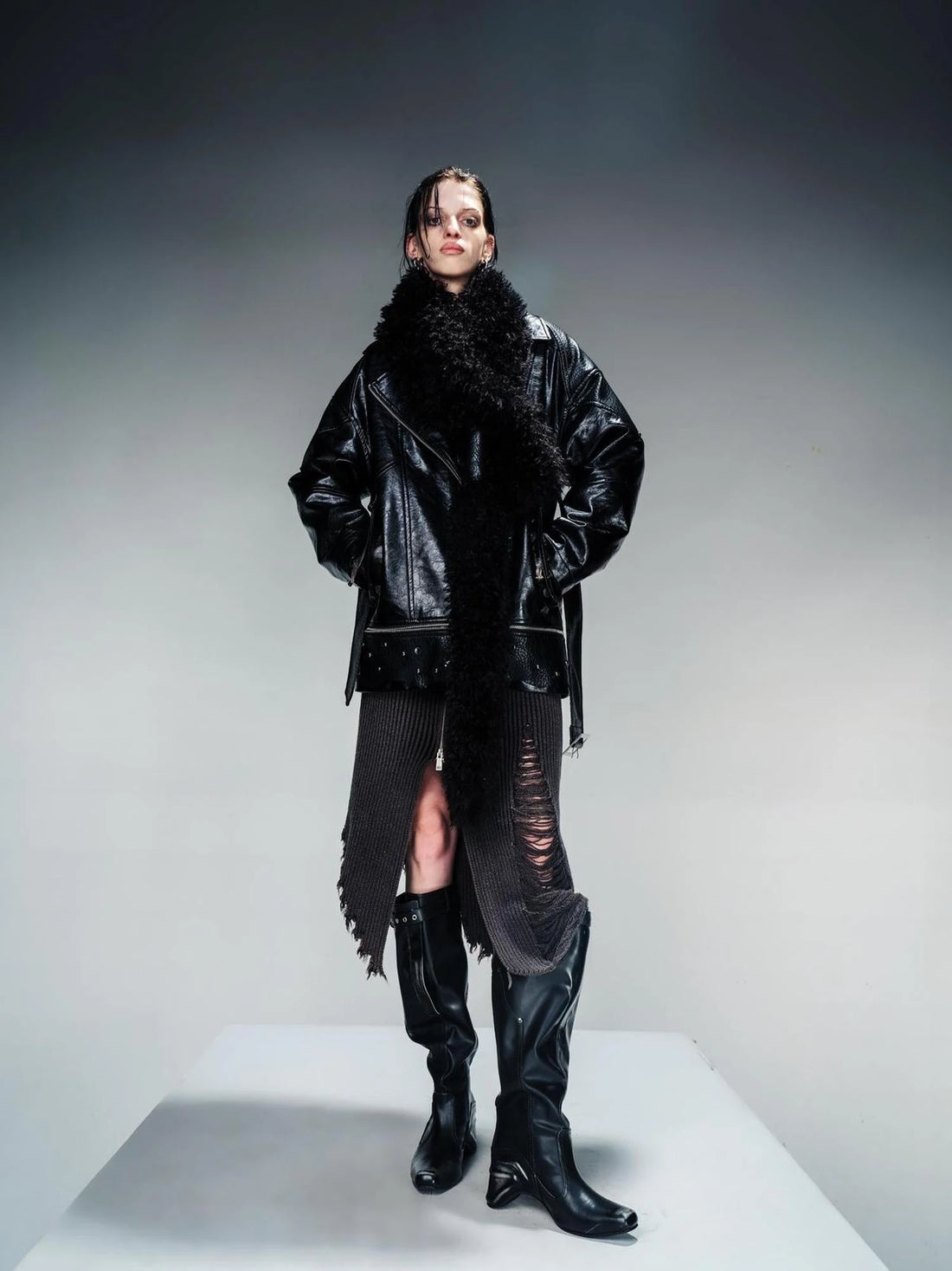 Waxed Stone Textured Leather Biker Jacket With Detachable Fur Collar