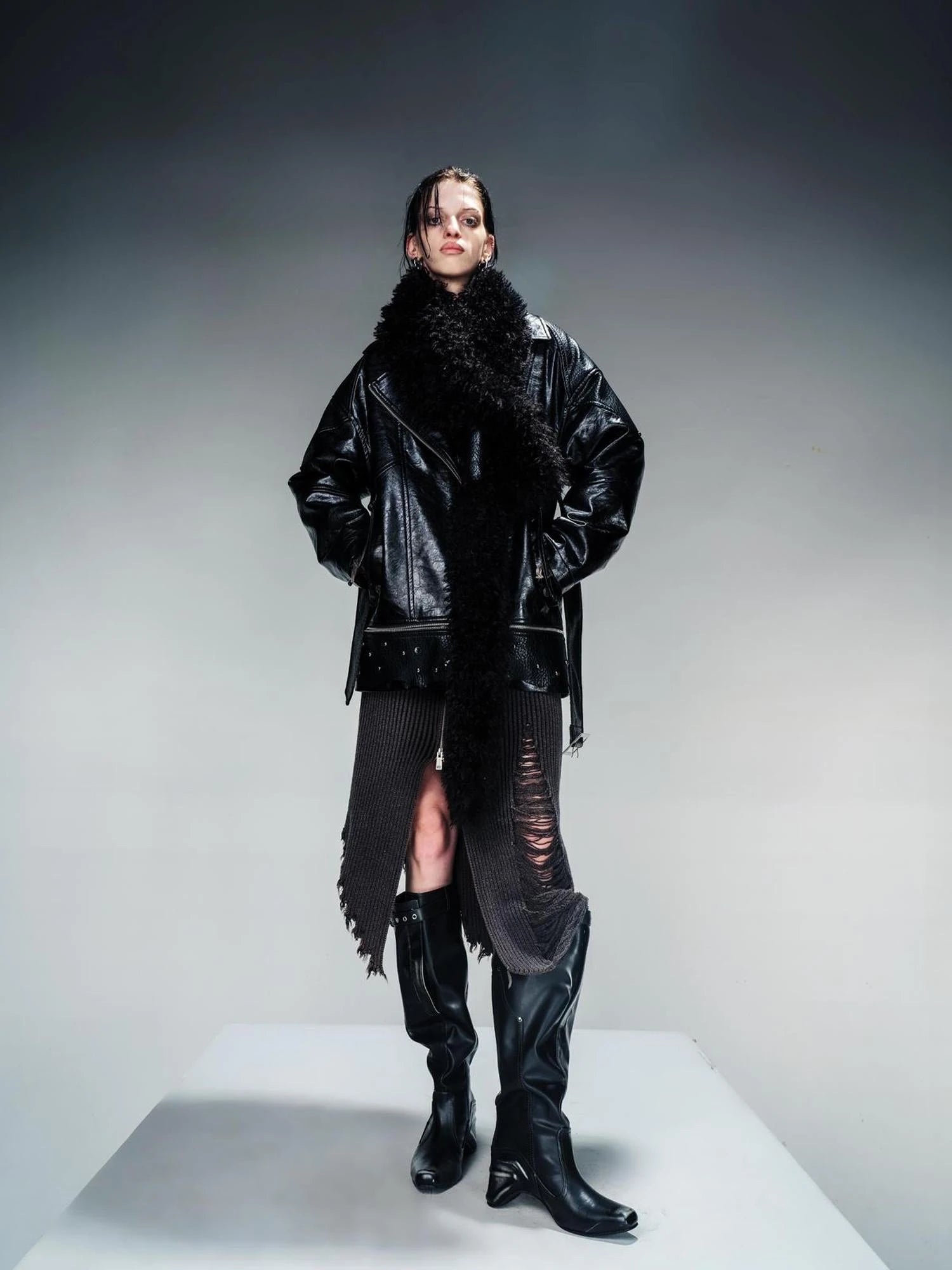Waxed Stone Textured Leather Biker Jacket With Detachable Fur Collar