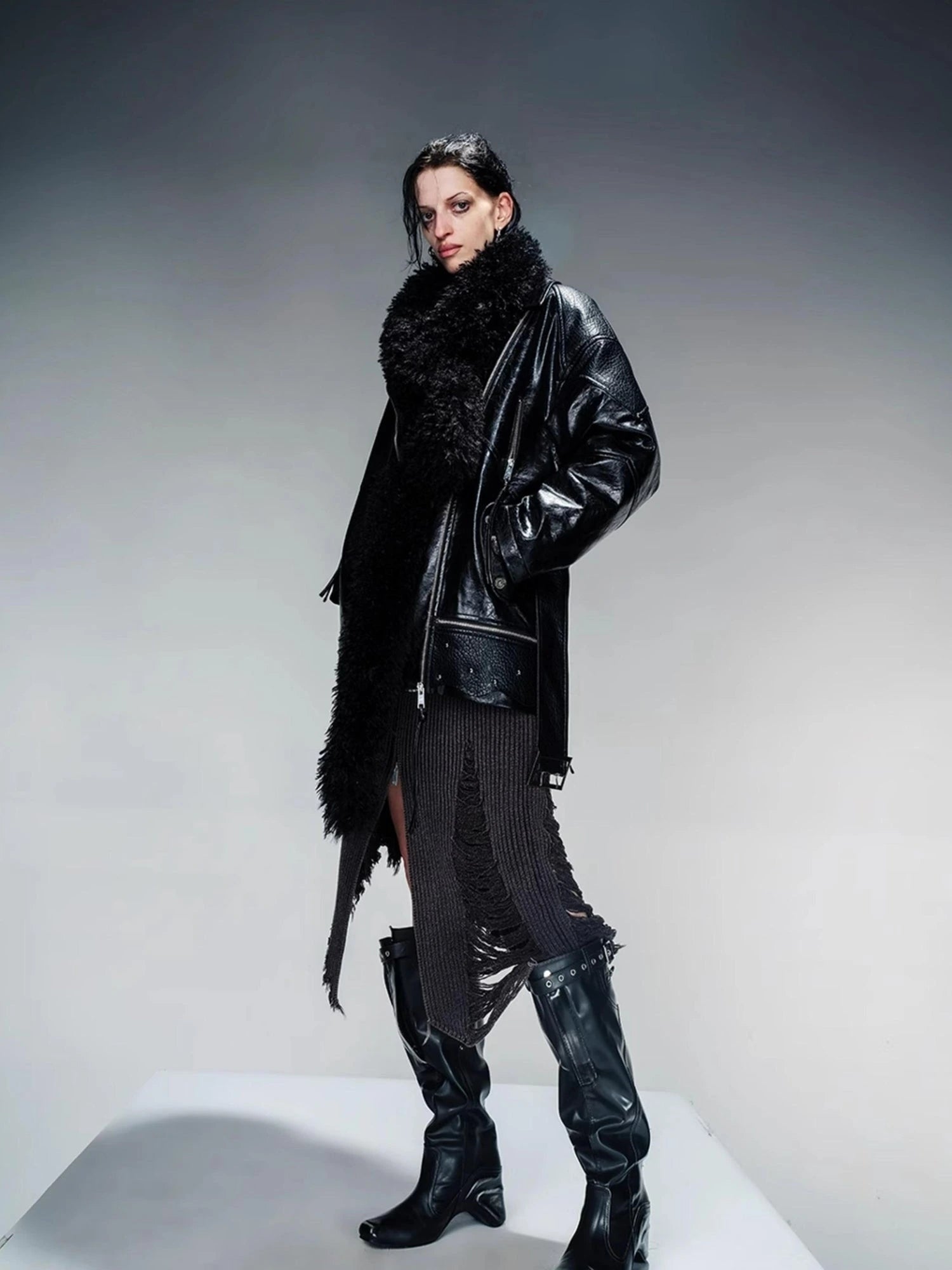 Waxed Stone Textured Leather Biker Jacket With Detachable Fur Collar