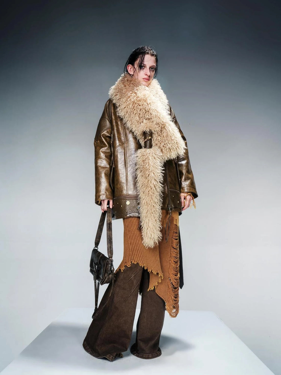 Waxed Stone Textured Leather Biker Jacket With Detachable Fur Collar