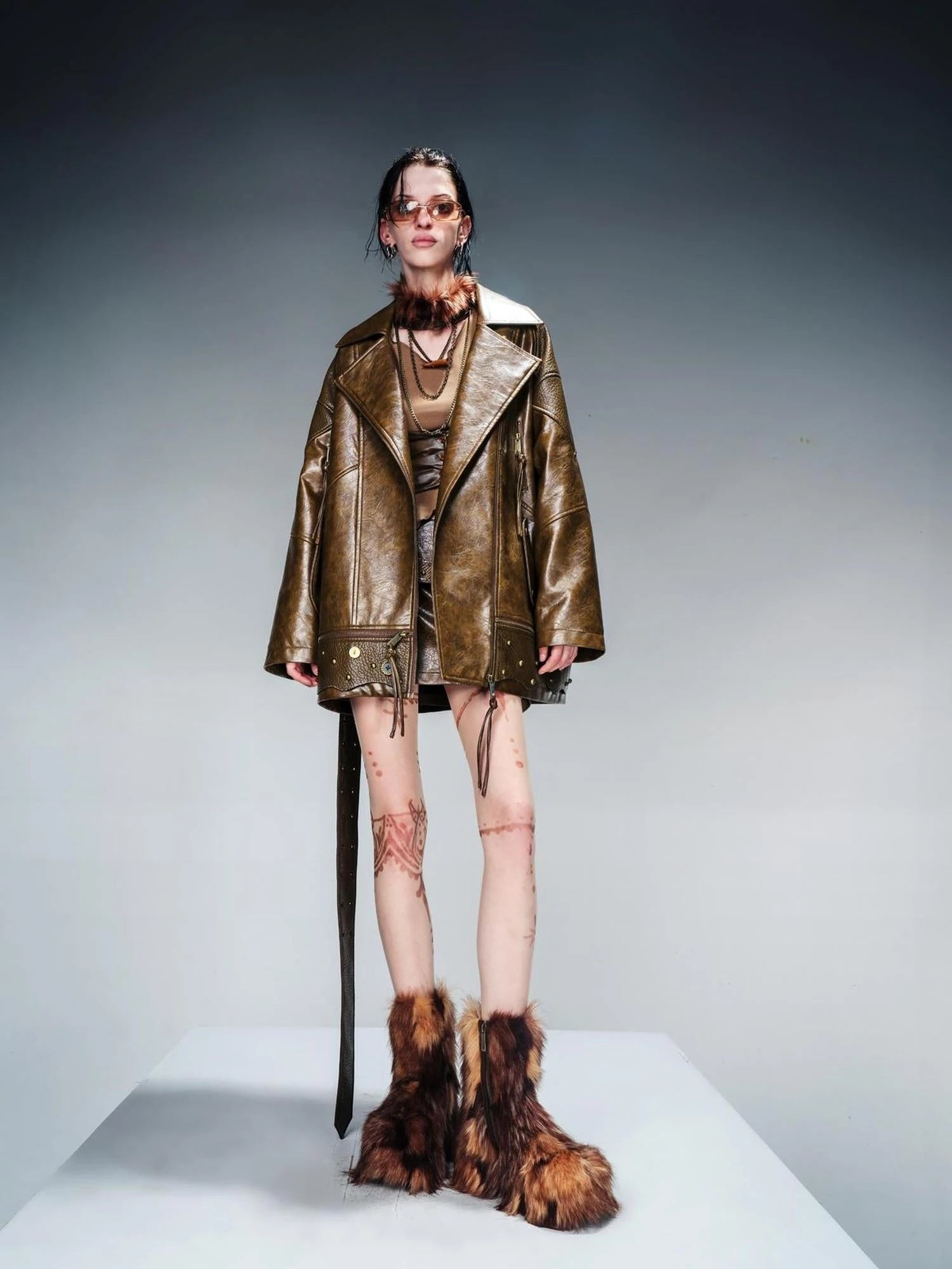 Waxed Stone Textured Leather Biker Jacket With Detachable Fur Collar