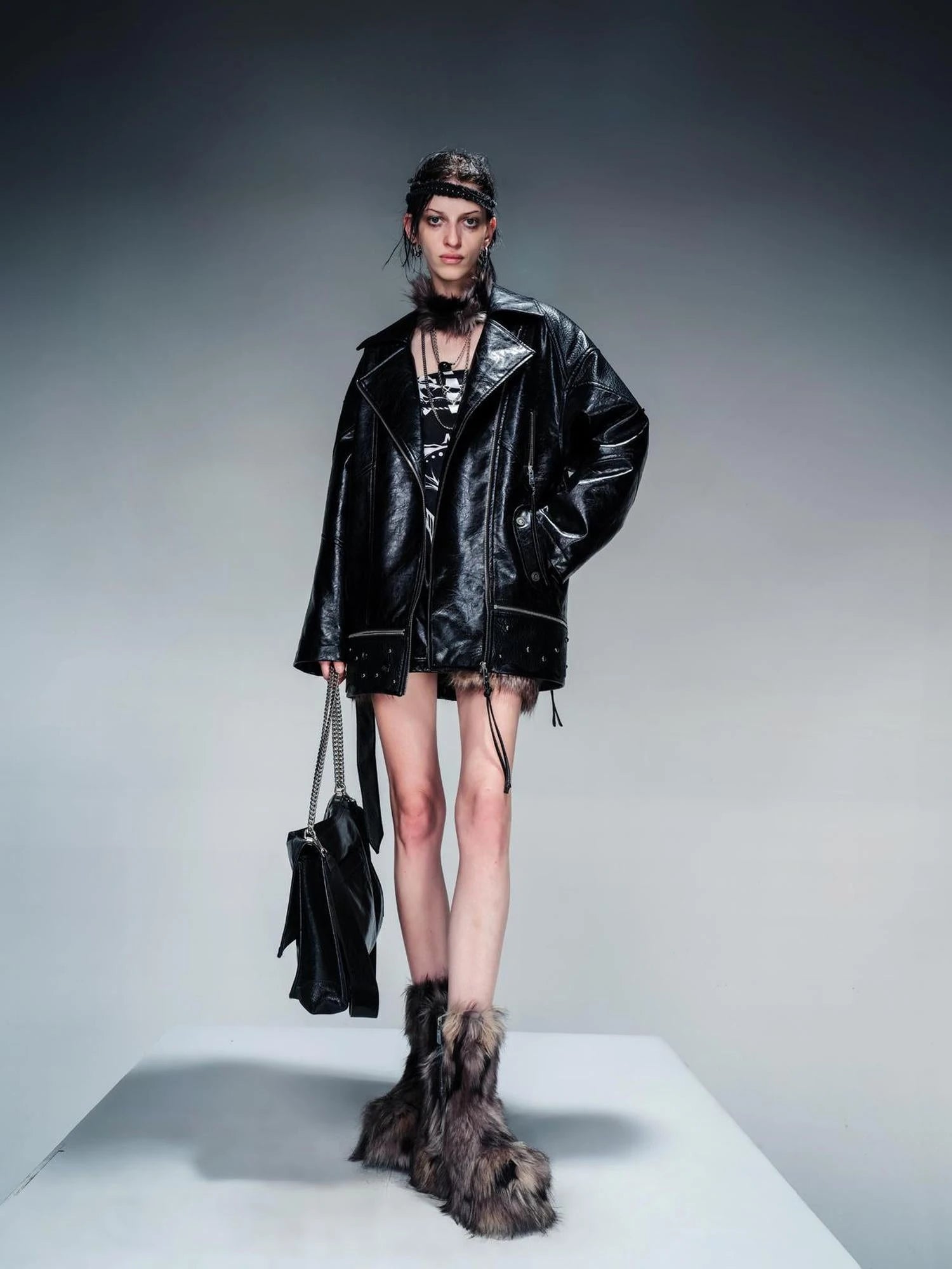 Waxed Stone Textured Leather Biker Jacket With Detachable Fur Collar
