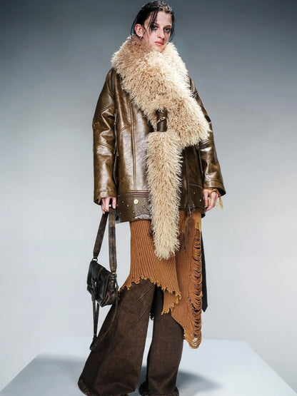 Waxed Stone Textured Leather Biker Jacket With Detachable Fur Collar