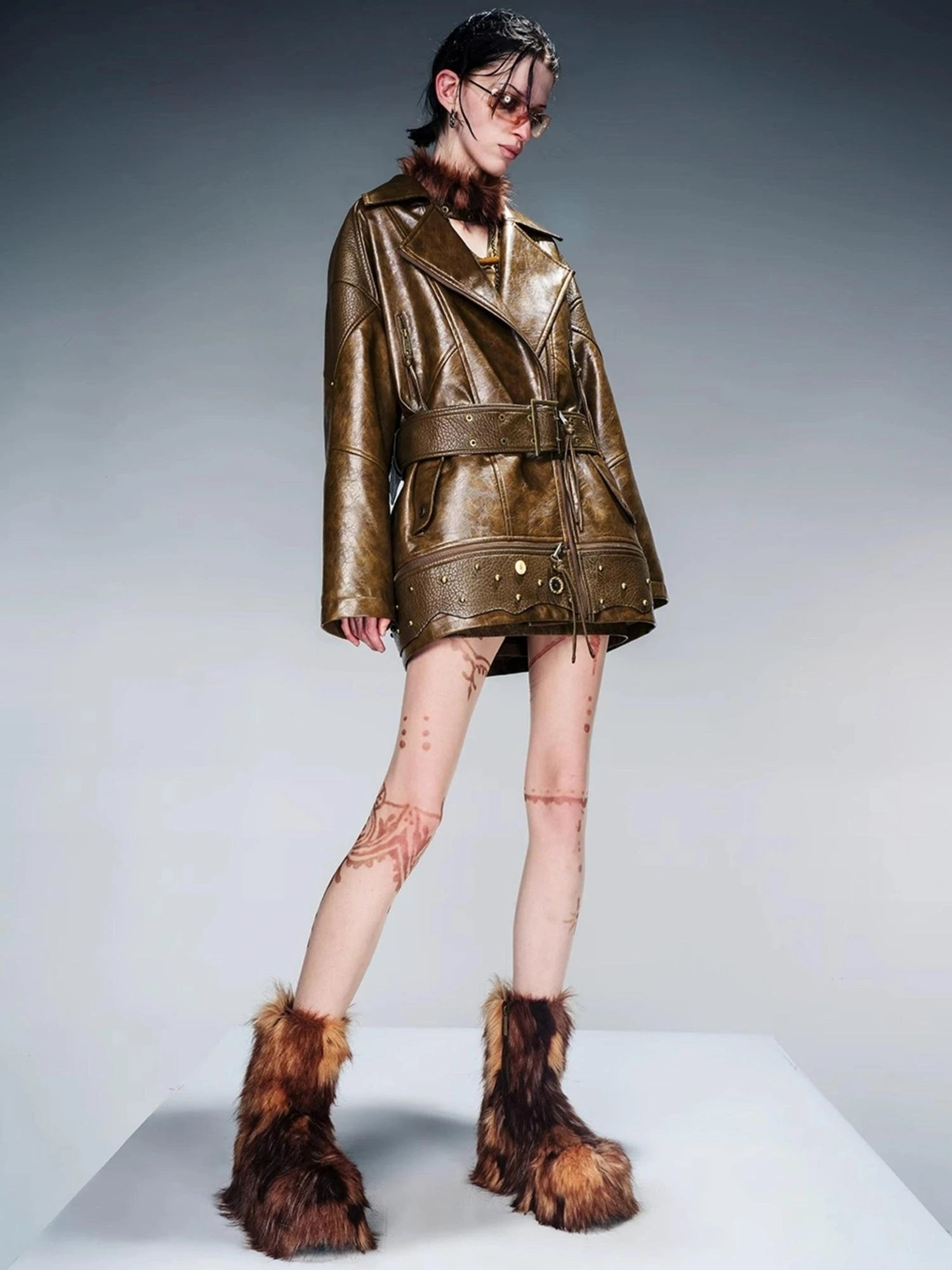 Waxed Stone Textured Leather Biker Jacket With Detachable Fur Collar