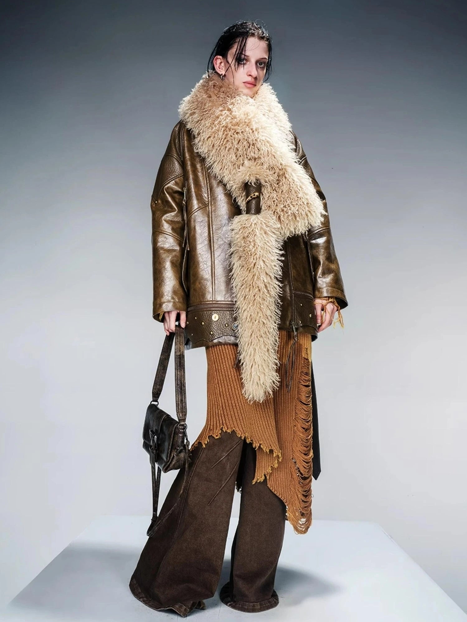 Waxed Stone Textured Leather Biker Jacket With Detachable Fur Collar