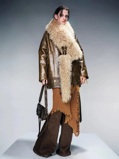 Waxed Stone Textured Leather Biker Jacket With Detachable Fur Collar