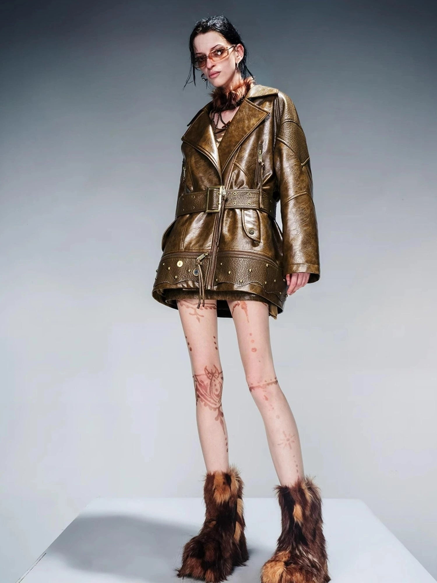 Waxed Stone Textured Leather Biker Jacket With Detachable Fur Collar