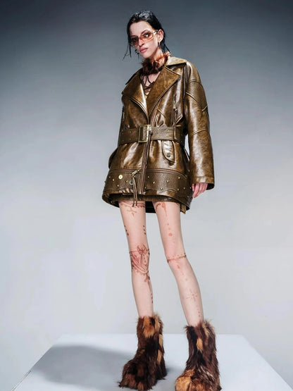 Waxed Stone Textured Leather Biker Jacket With Detachable Fur Collar