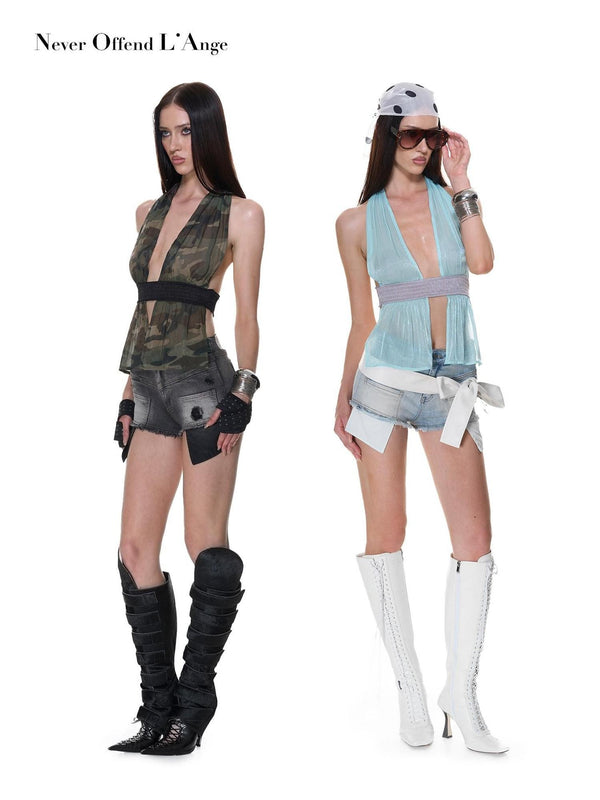 Camo Mint Organza Halter Tie Women's Polyester Camisoles
