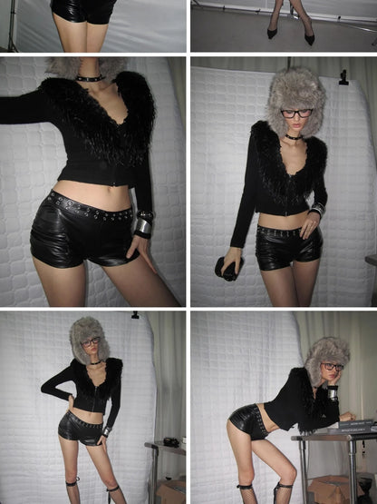 Elastic Wide Belted Low Rise Pleated Pu Mini Shorts