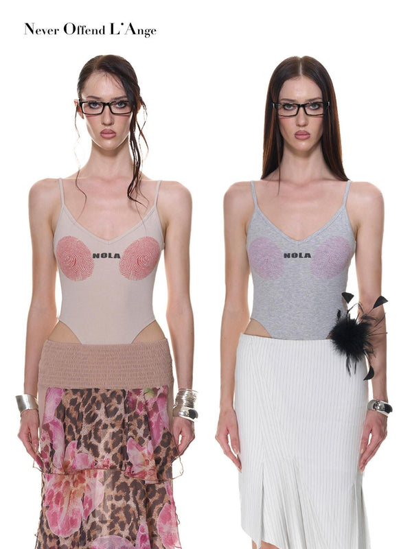 Fingerprint Print Colorblock Open Back Women's Spandex Knit Basic Bodysuits