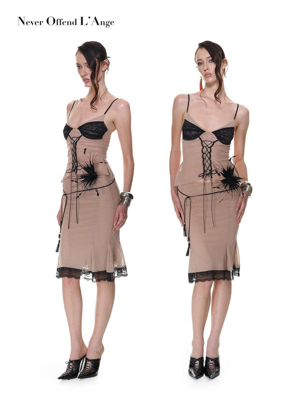 Khaki Lace Shirred Cross Tie Mesh Camisole Women's Spandex Matching Skirt Sets