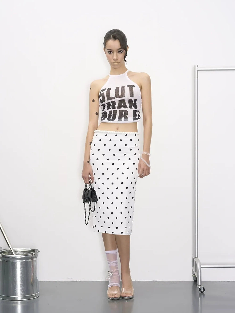Polka Dot Vine Lace Up Bustier Top And Maxi Skirt Set