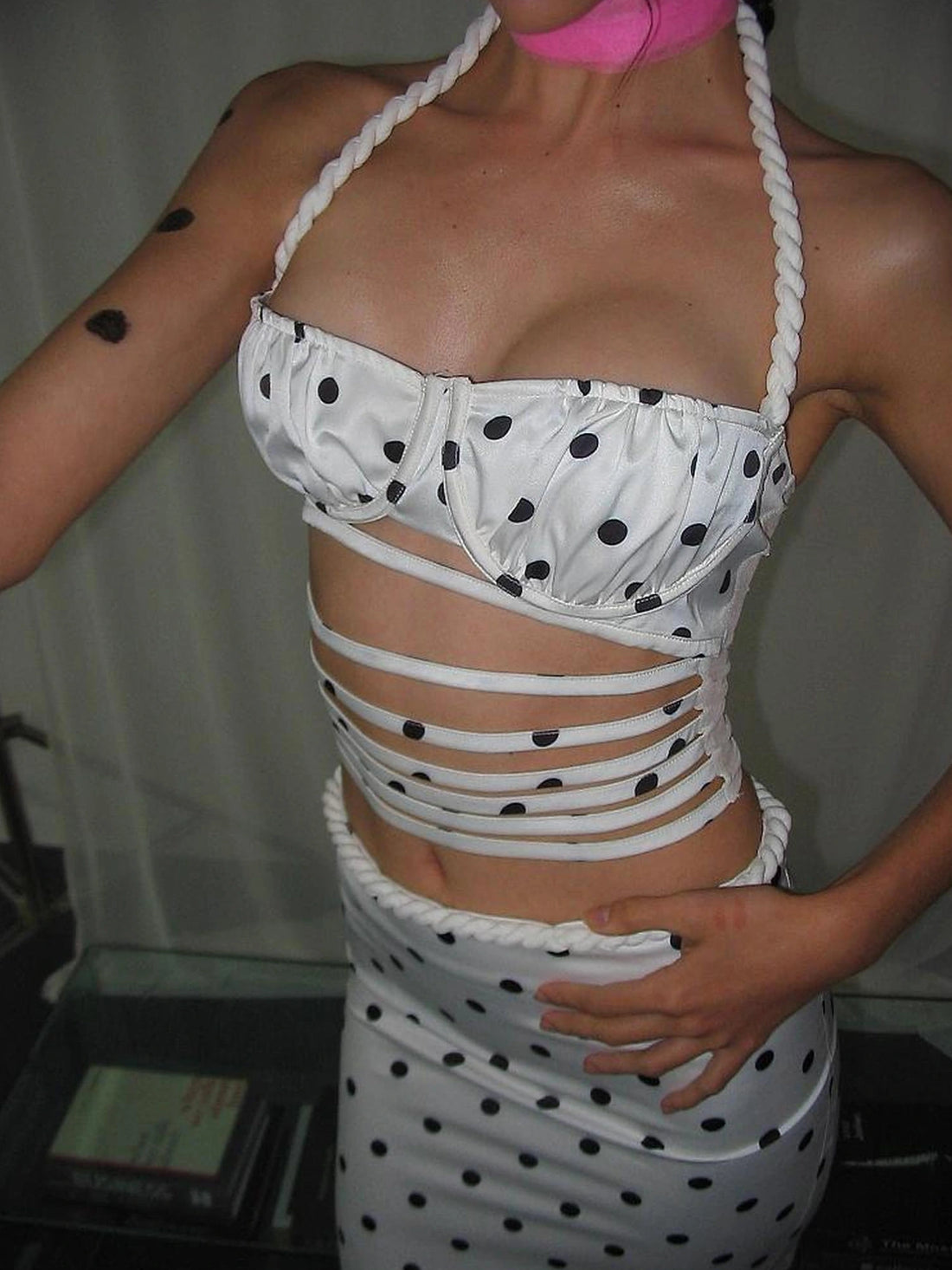 Polka Dot Vine Lace Up Bustier Top And Maxi Skirt Set