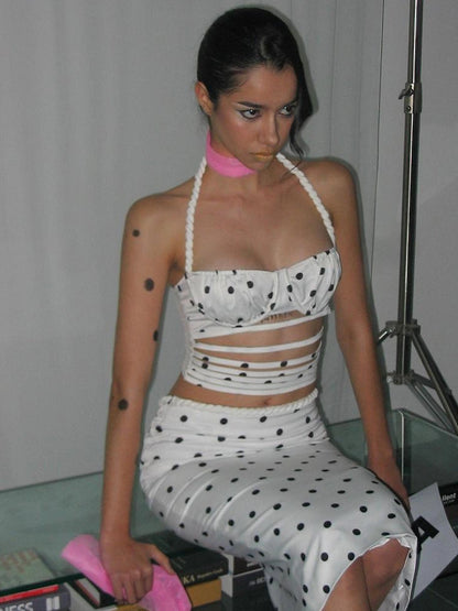 Polka Dot Vine Lace Up Bustier Top And Maxi Skirt Set