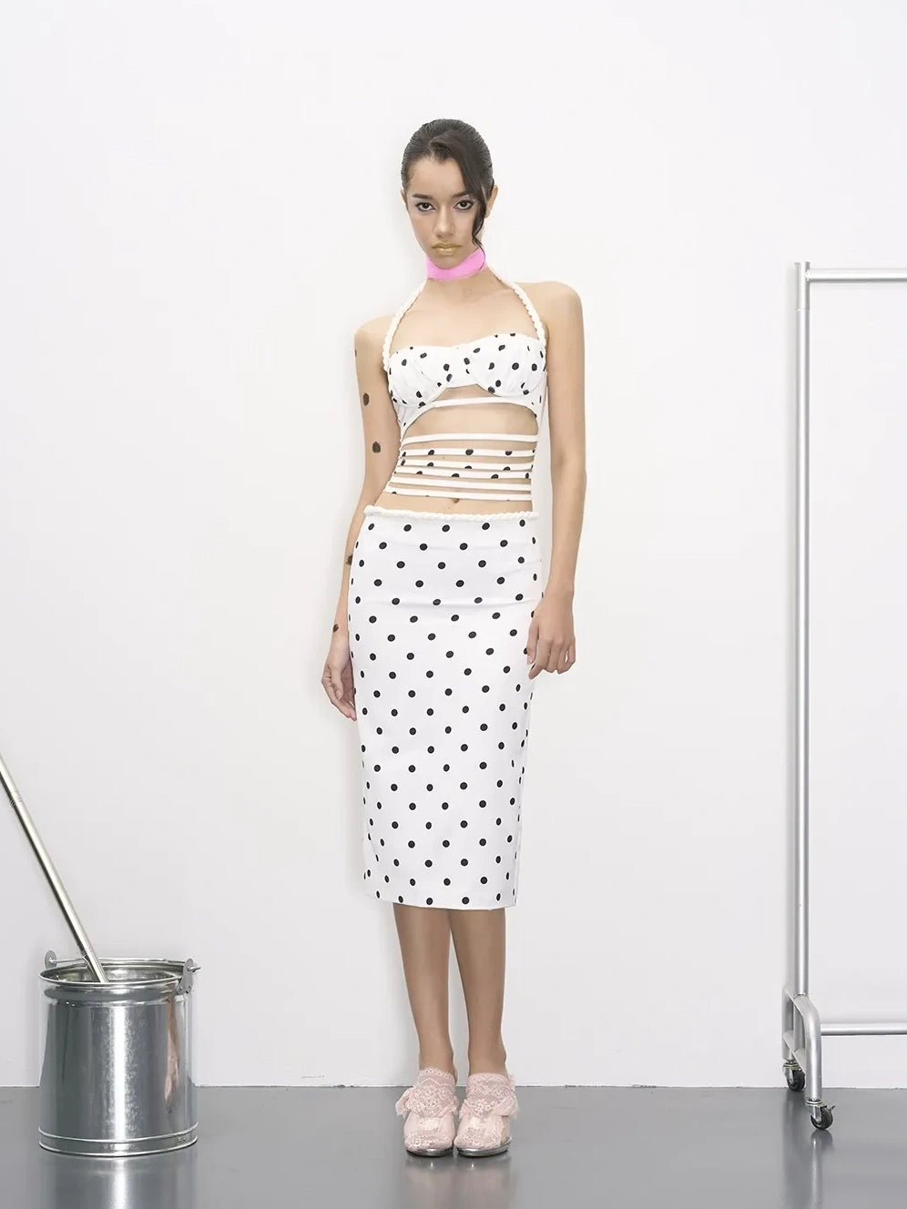 Polka Dot Vine Lace Up Bustier Top And Maxi Skirt Set