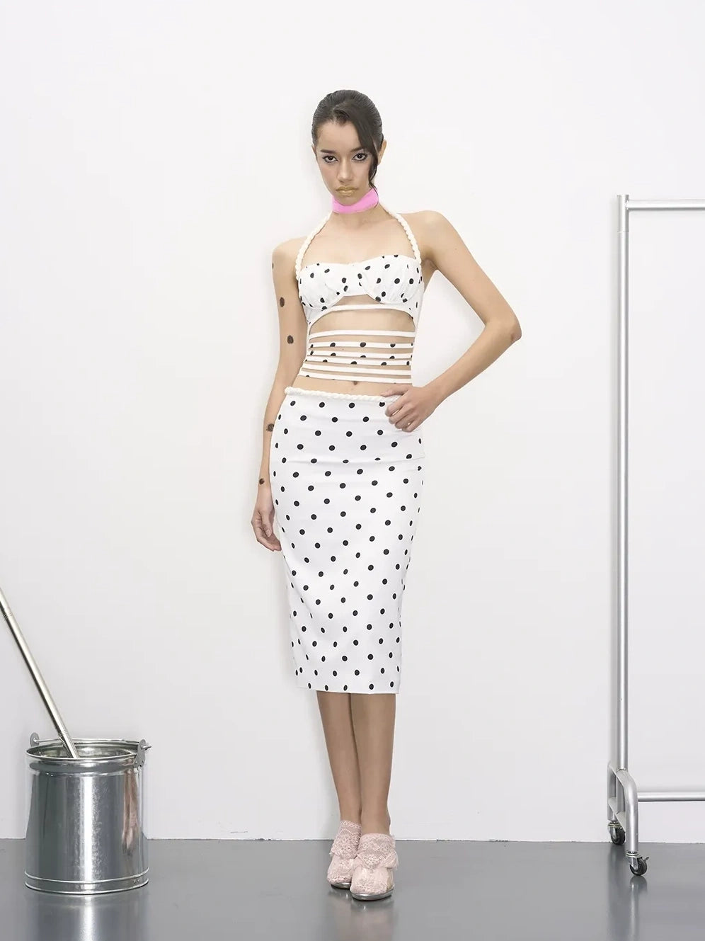 Polka Dot Vine Lace Up Bustier Top And Maxi Skirt Set