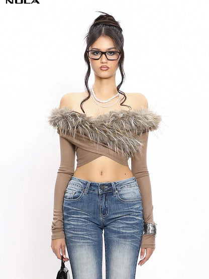 Velvet Siren Fur Trimmed Cross Shoulder Top