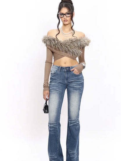 Velvet Siren Fur Trimmed Cross Shoulder Top