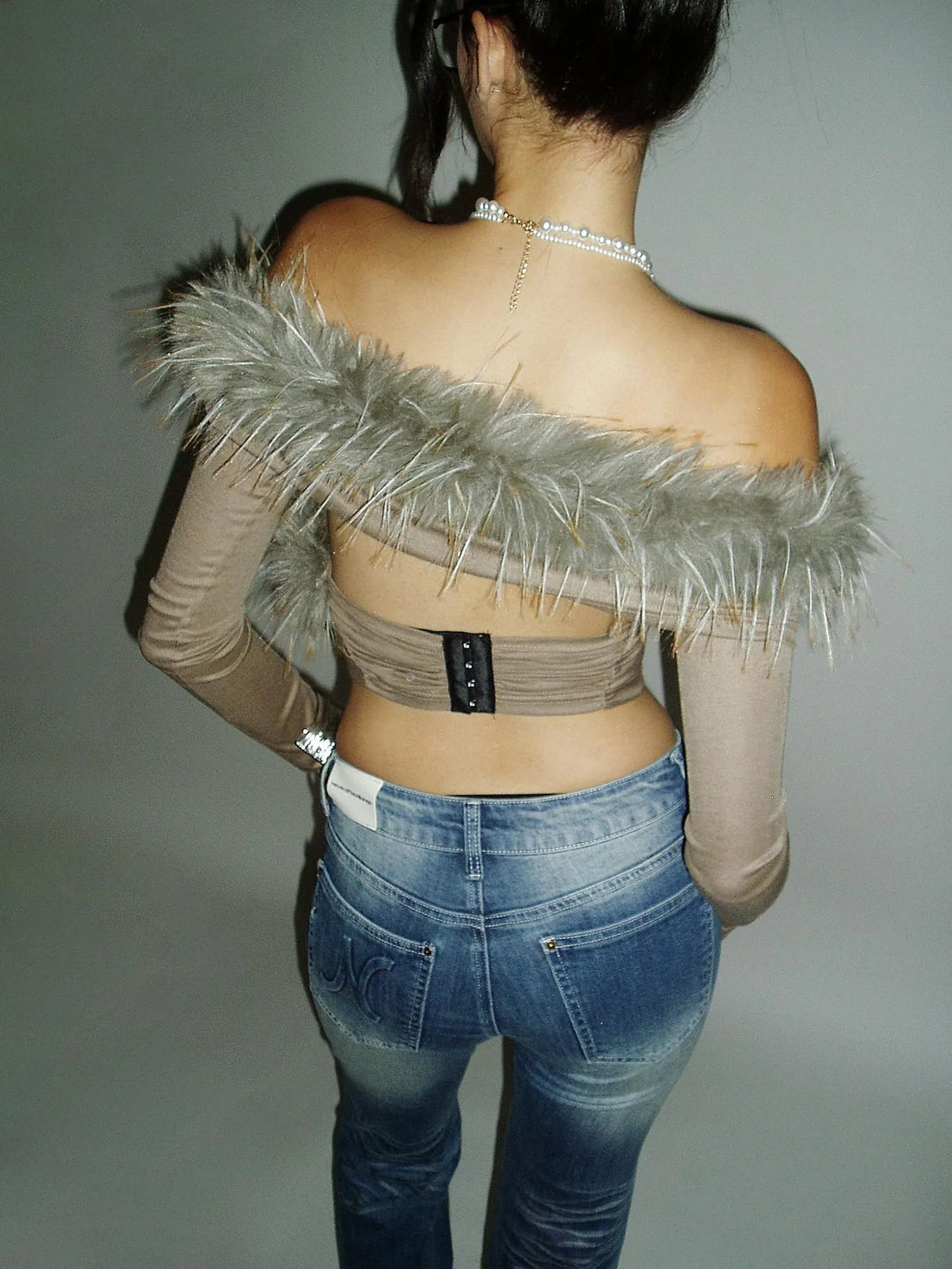Velvet Siren Fur Trimmed Cross Shoulder Top