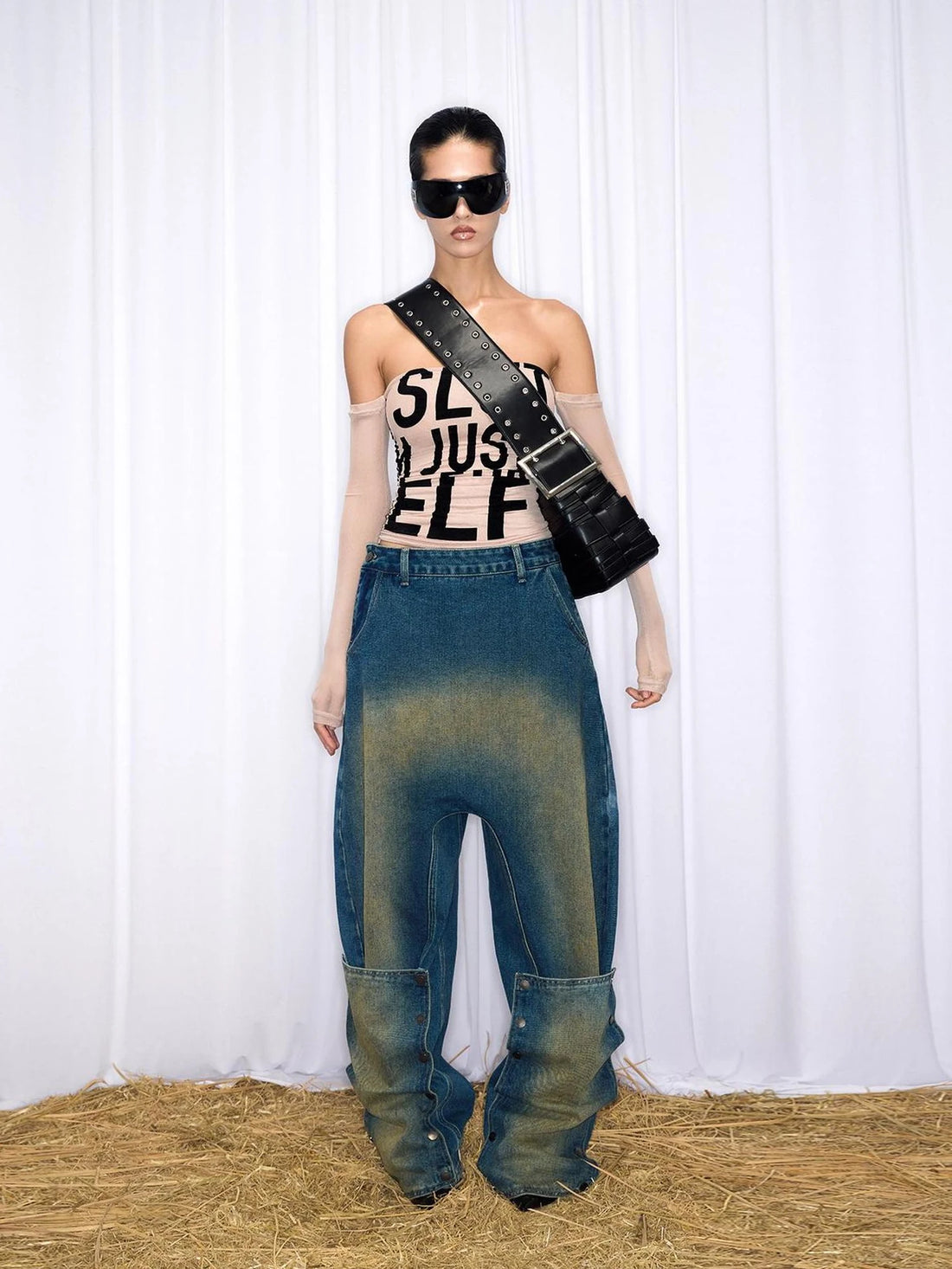 Wide Strap Leather Bag With Studded Belt Detail