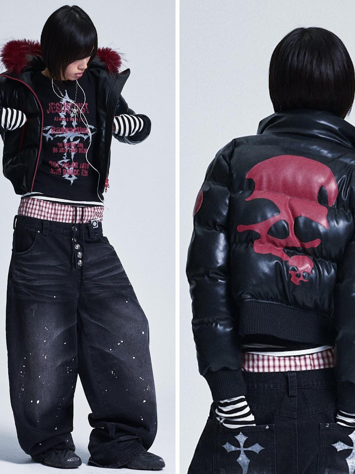 NONAME SPACE Black Colorblock Detachable Pu Fur Collar Hood Women&