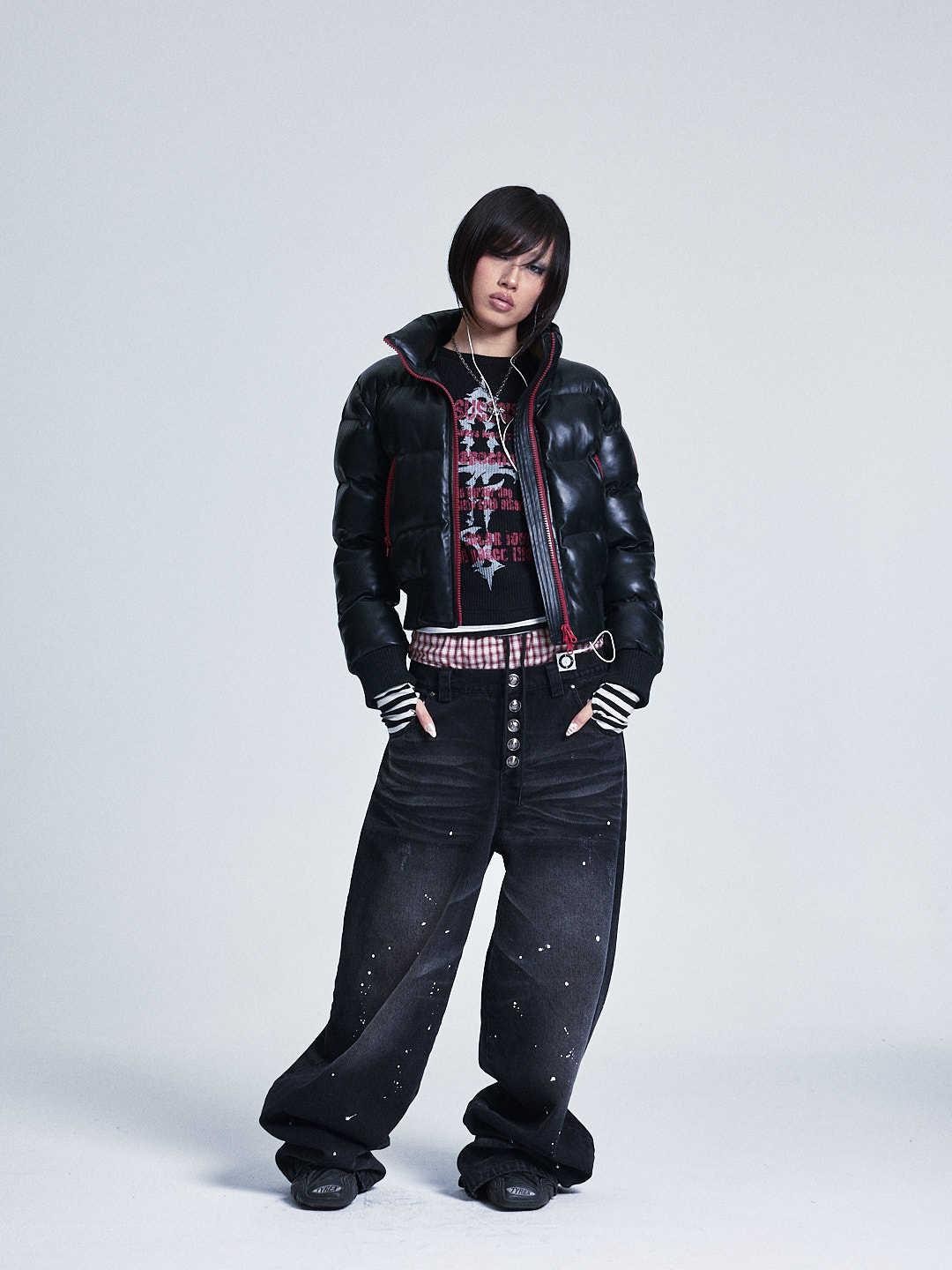 NONAME SPACE Black Colorblock Detachable Pu Fur Collar Hood Women&