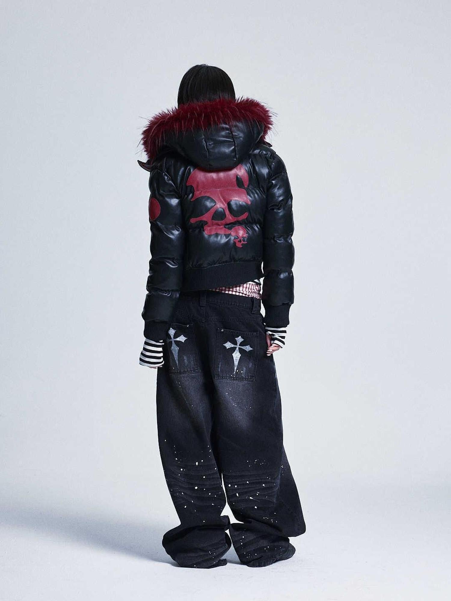 NONAME SPACE Black Colorblock Detachable Pu Fur Collar Hood Women&