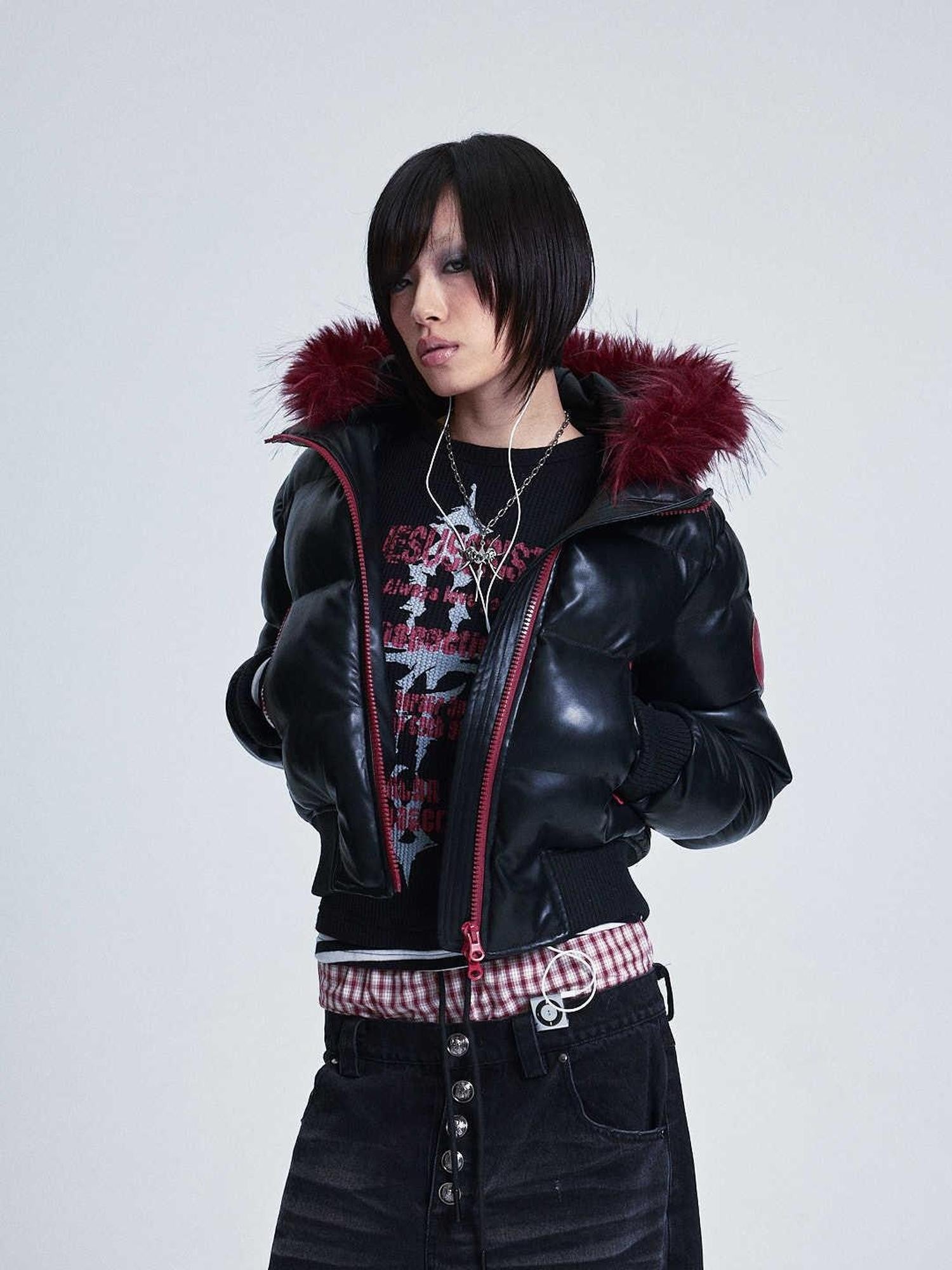 NONAME SPACE Black Colorblock Detachable Pu Fur Collar Hood Women&
