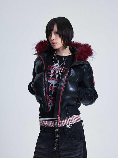 NONAME SPACE Black Colorblock Detachable Pu Fur Collar Hood Women&