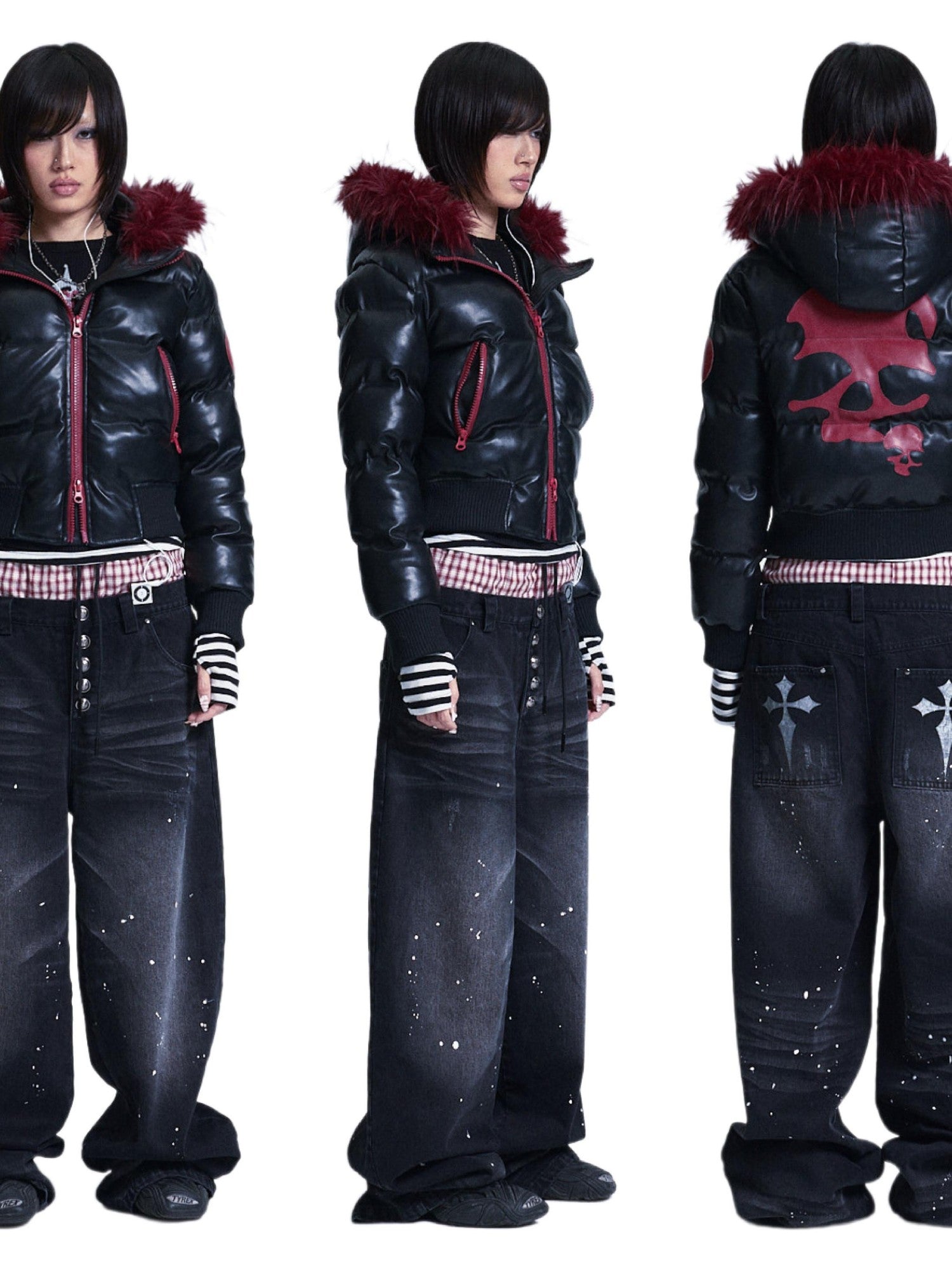 NONAME SPACE Black Colorblock Detachable Pu Fur Collar Hood Women&