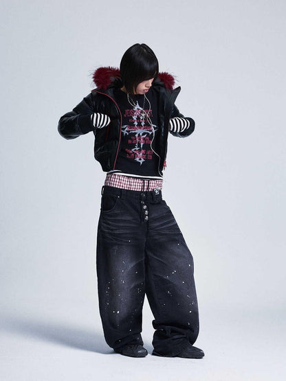 NONAME SPACE Black Colorblock Detachable Pu Fur Collar Hood Women&