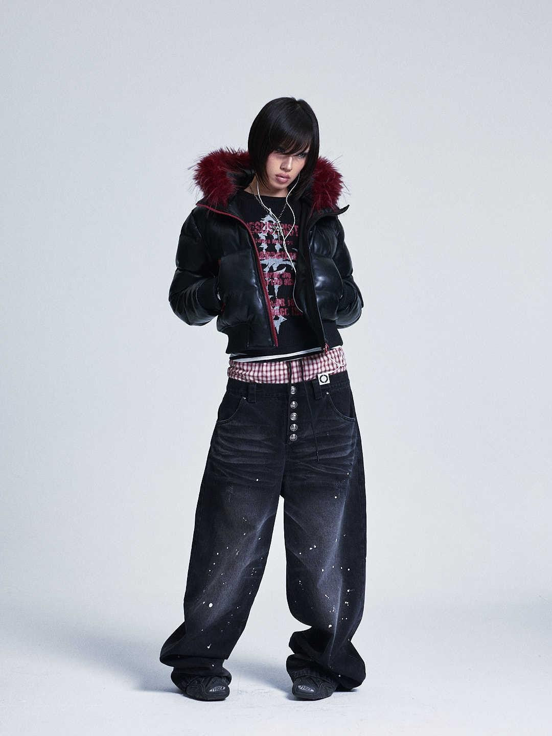 NONAME SPACE Black Colorblock Detachable Pu Fur Collar Hood Women&