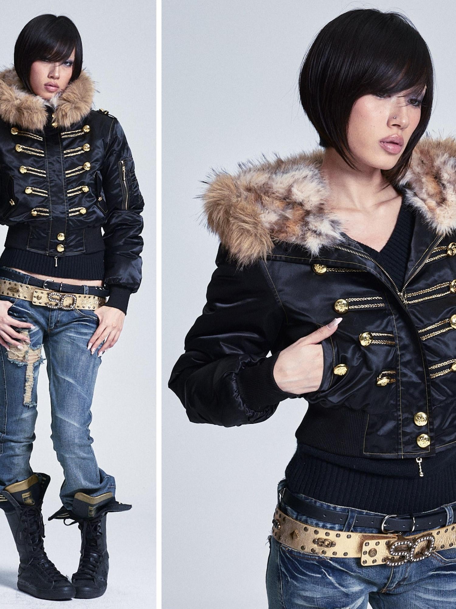 NONAME SPACE Black Fur Collar Hooded Regal Cropped Slim Women&