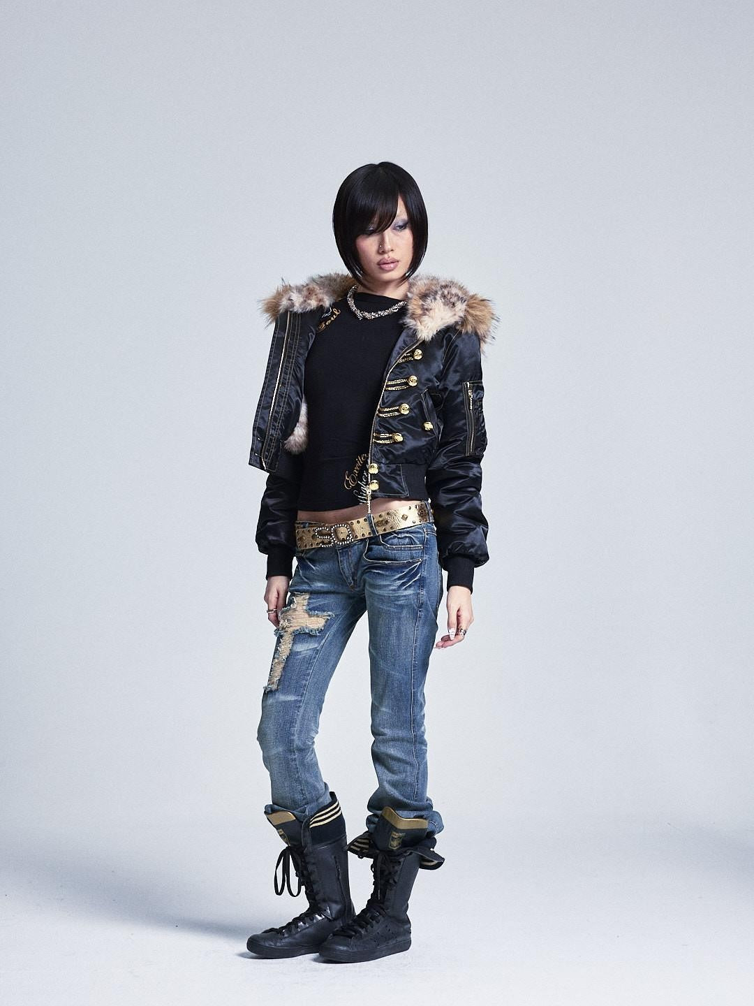 NONAME SPACE Black Fur Collar Hooded Regal Cropped Slim Women&