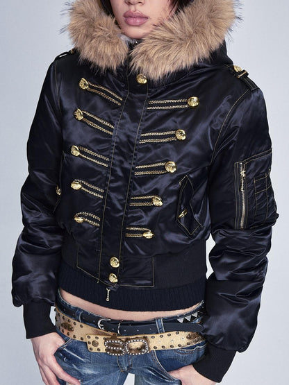 NONAME SPACE Black Fur Collar Hooded Regal Cropped Slim Women&