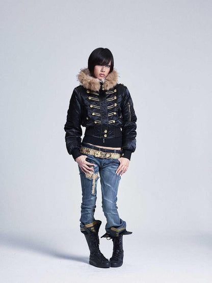 NONAME SPACE Black Fur Collar Hooded Regal Cropped Slim Women&