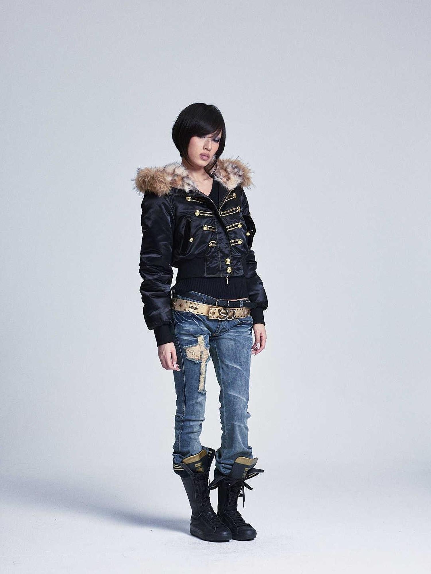NONAME SPACE Black Fur Collar Hooded Regal Cropped Slim Women&