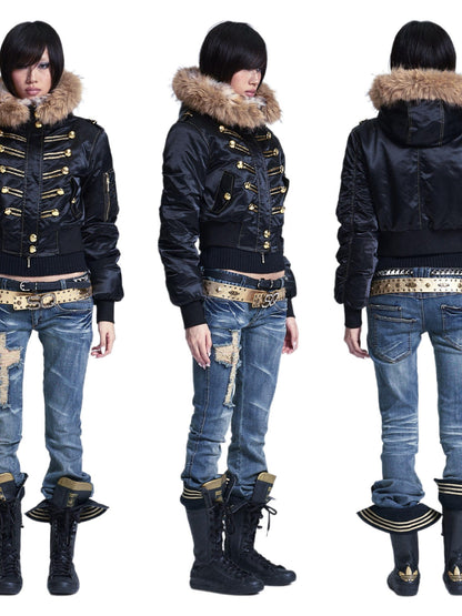 NONAME SPACE Black Fur Collar Hooded Regal Cropped Slim Women&