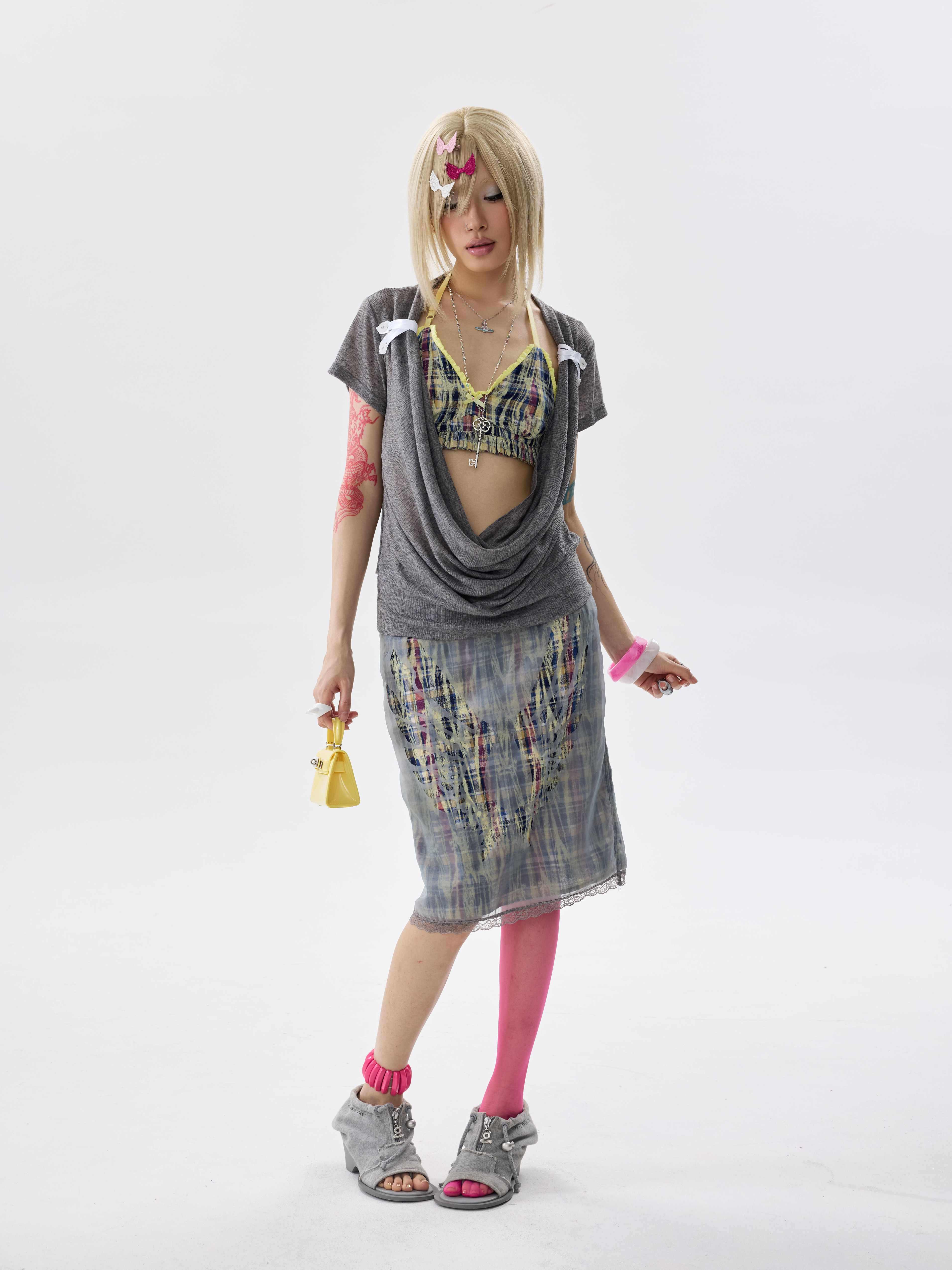 NONAME_SPACE_Blue_Plaid_Organza_Hollowout_Wing_Low_Waist_Bodycon_Women&