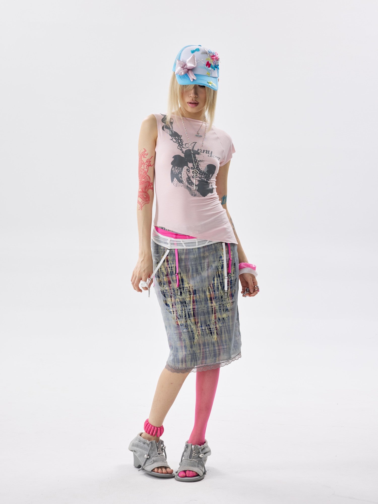 NONAME SPACE Blue Plaid Organza Hollowout Wing Low Waist Bodycon Women&
