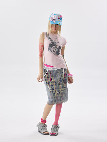 NONAME SPACE Blue Plaid Organza Hollowout Wing Low Waist Bodycon Women&
