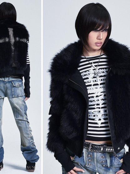 NONAME SPACE Diamond Quilted Detachable Fur Collar Cross Rhinestone Women&