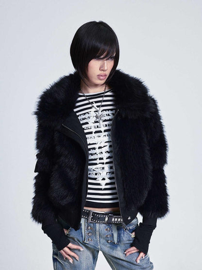 NONAME SPACE Diamond Quilted Detachable Fur Collar Cross Rhinestone Women&