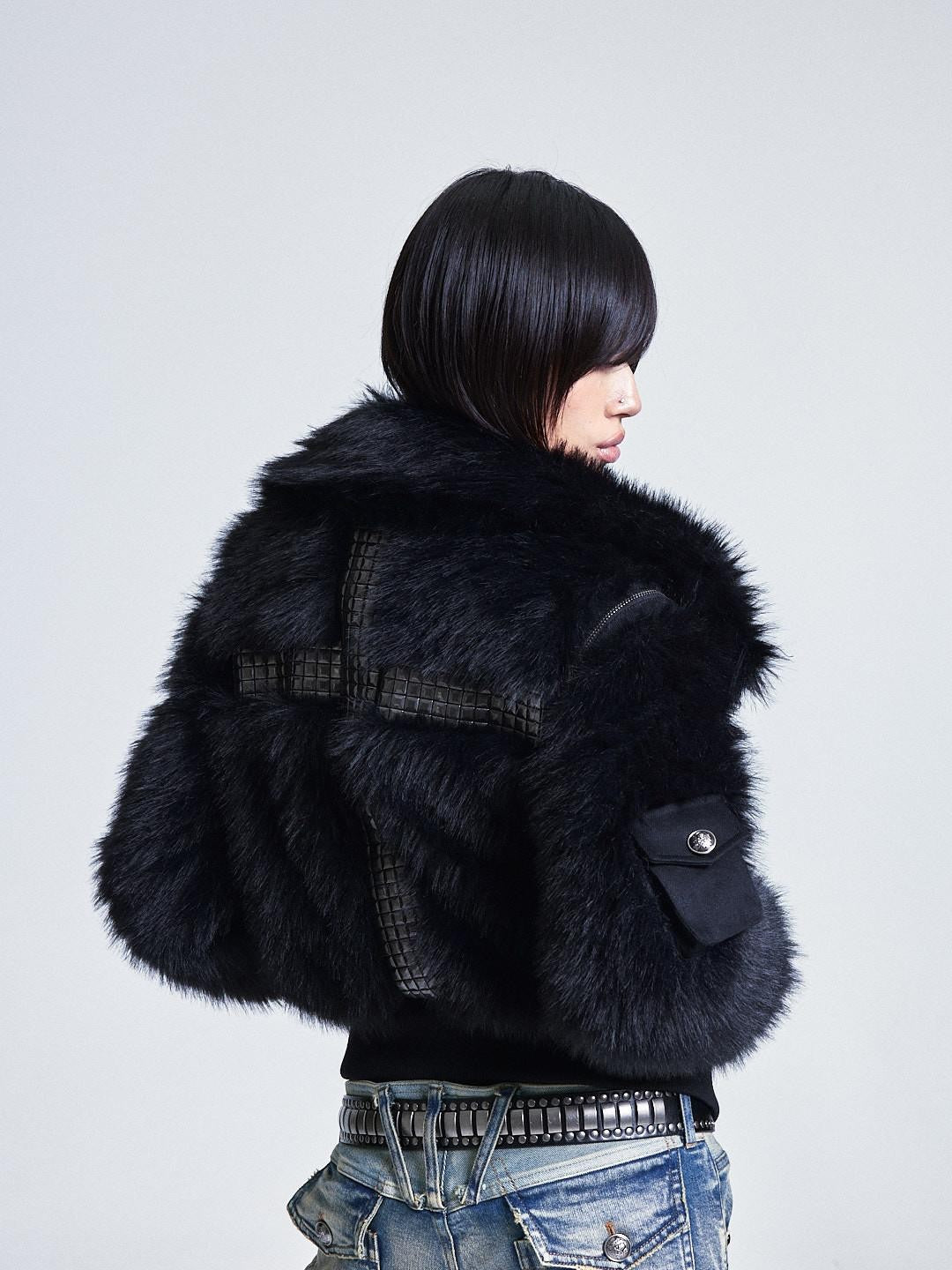 NONAME SPACE Diamond Quilted Detachable Fur Collar Cross Rhinestone Women&