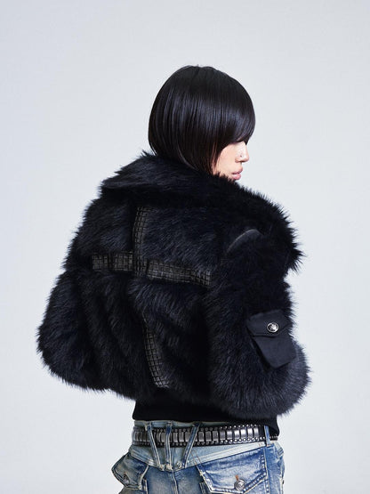 NONAME SPACE Diamond Quilted Detachable Fur Collar Cross Rhinestone Women&