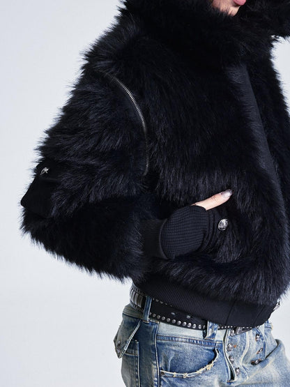 NONAME SPACE Diamond Quilted Detachable Fur Collar Cross Rhinestone Women&