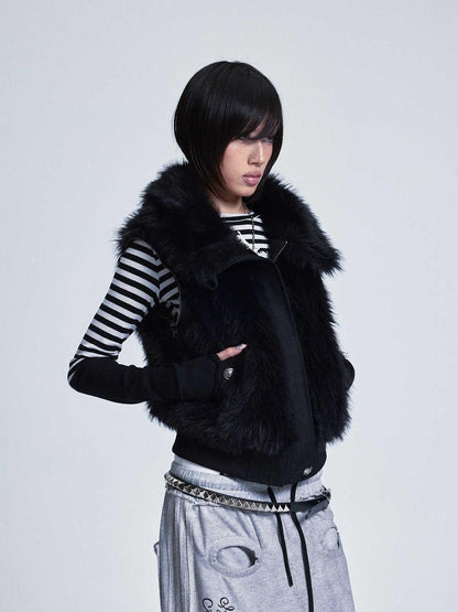 NONAME SPACE Diamond Quilted Detachable Fur Collar Cross Rhinestone Women&