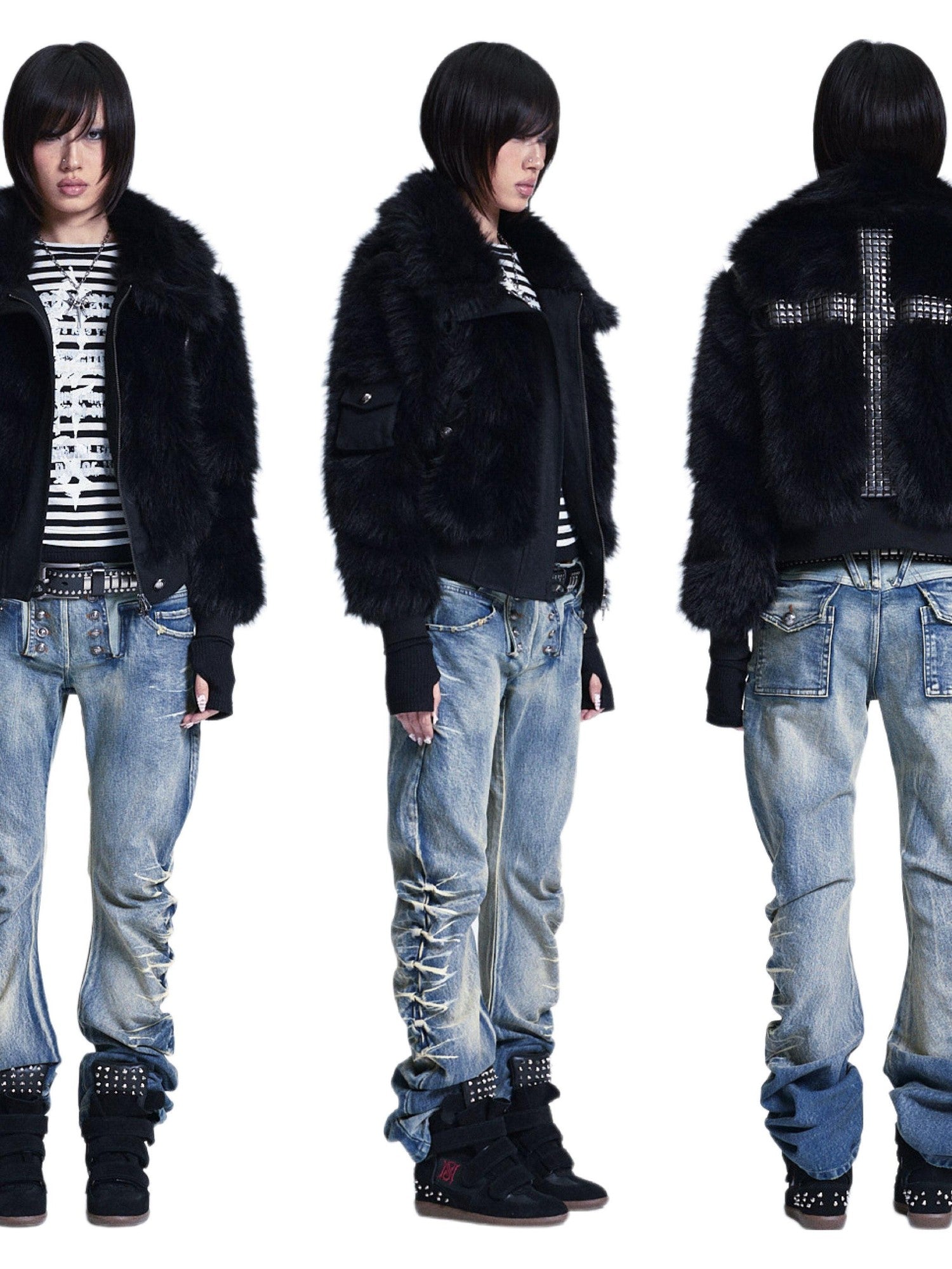 NONAME SPACE Diamond Quilted Detachable Fur Collar Cross Rhinestone Women&