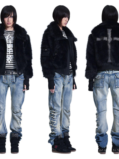 NONAME SPACE Diamond Quilted Detachable Fur Collar Cross Rhinestone Women&